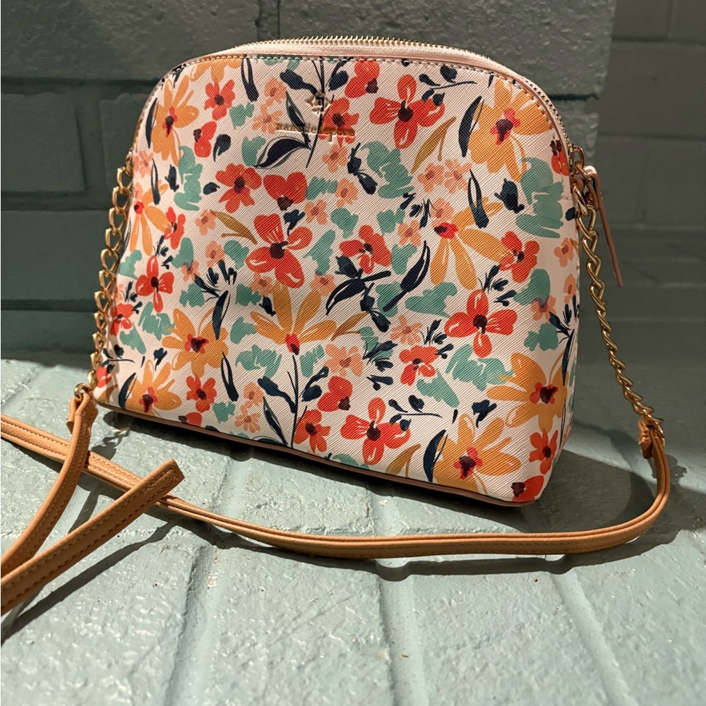 Vibrant Red and Orange Crossbody Bag with Floral Design